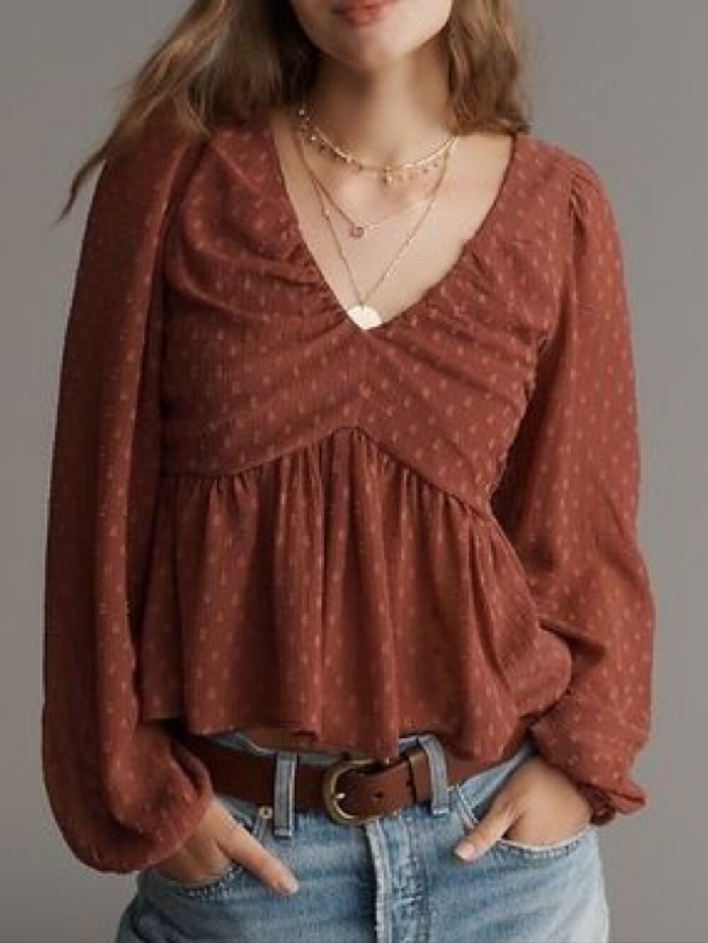 Anthropologie Rust Clip Dot Ruched Peplum Blouse Balloon Sleeve Top Medium
